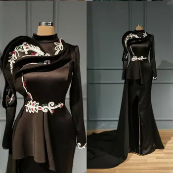 Мюсюлманските вечерни рокли Русалка е черен на цвят с високо воротом и дълги ръкави, дантелени апликации, Рокли за абитуриентски бал, Саудитска Арабия, вечерен халат за баня с влак