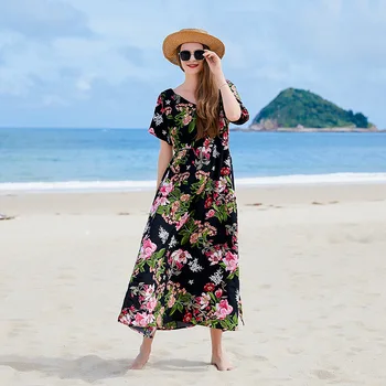 Нов стил за почивка на море показва тънка и лека дълга пола с V-образно деколте, темпераментное рокля с принтом и намаляване голям размер за жени