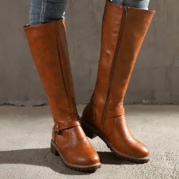 Нови Дамски обувки със страничен цип 2023, Модни дълги кафяви обувки с кръгло бомбе, Модерни и удобни дамски дълги ботуши, Дамски обувки