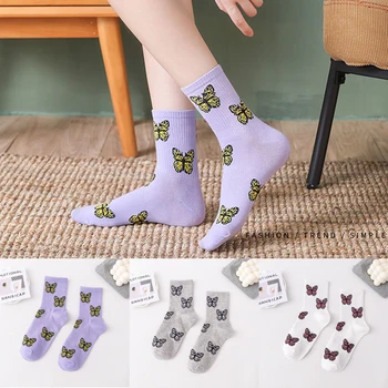 Нови модни чорапи памук с дизайн на пеперуда, женски меки дишащи топли ежедневни ластични чорапи със средна дължина, сладки творчески чорапи, подаръци