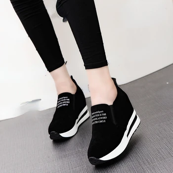 Нови обувки от флока, които растежа, дамски ежедневни черни дамски маратонки на платформа за почивка, дишащи маратонки, без закопчалка