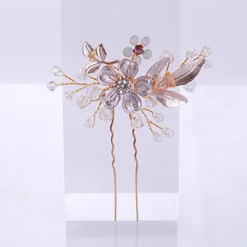Опаловый crystal U-образна шнола за коса, булчински аксесоар, златни фиби, във формата на листа и цветя, Ретро сватбена прическа, бижута