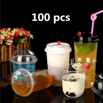 Пластмасови чаши 100ШТ с куполообразными капаци за студено питие с лед Кафе, Чай, шейкове, газирана вода, прибори за Еднократна употреба за партита, десертни чаши