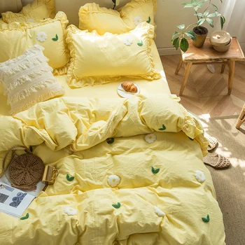 Постиранная памучен легло от четири части, памучно кърпа с малко маргариткой, стеганое одеяло с бродерия, однотонная чаршаф