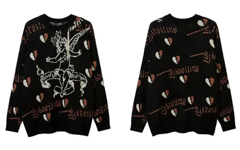 Ретро вязаный пуловер Y2K, скок в стил гръндж, хип-хоп, сърцето на Ангела, градинска облекло, моден свободен пуловер в стил пънк-готически Оверсайз