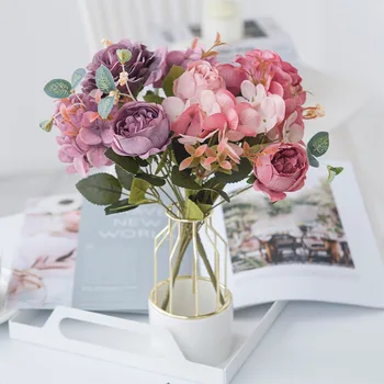 Розовата Роза Висококачествени изкуствени цветя пластмасови фалшиви цветя за дома сватбена украса на хола Аксесоари за бродерия