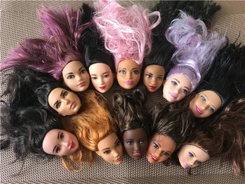 Рядка колекция Куклено голове 1/6 Аксесоари за кукли, Бяла Черна и Кафява Кожа, куклени глави, червени, Сини коса, част кукли, подаръци за момичета, Играчки