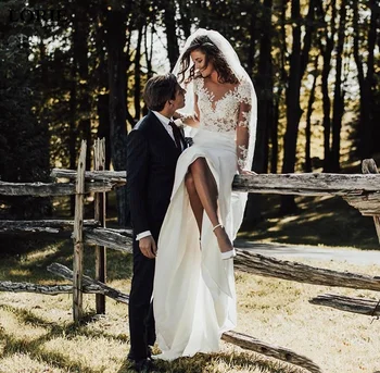 Сватбена рокля русалка Lorie Boho с дълъг ръкав, шифоновые дантелени сватбени рокли с аппликацией, сватбена рокля