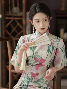 Секси дълга рокля Чонсам в китайски стил с националния цветисти принтом, реколта рокли с къс ръкав