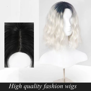 Синтетични къси къдрави сребристо-сив естествен косъм, средна част, на перука-боб от устойчиви на топлина влакна, cosplay-перуки за жени