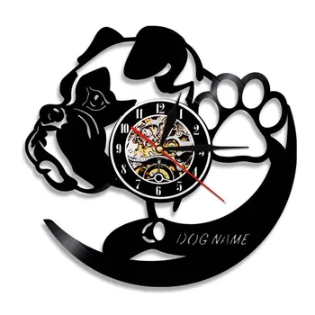 Стенен часовник с име на куче, Мопс, домашни любимци, монтиран на стената артистичен интериор, Кученце, черен винил плоча, часовник за време, Декорация за интериора, най-Добрите Подаръци