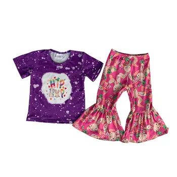 Цени на едро на висококачествени Комплект Дрехи за Великден за момичета, Розова Риза и леопардовые Панталони-свирки, Детски облекла със собствени зайци
