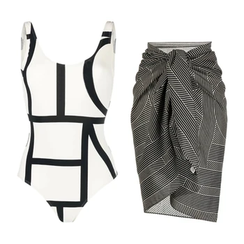 Черен и Бял Блок цял бански тънък монтиране шик, бикини мода 2023 дамски черен с принтом нередовни прикриване на плажно облекло