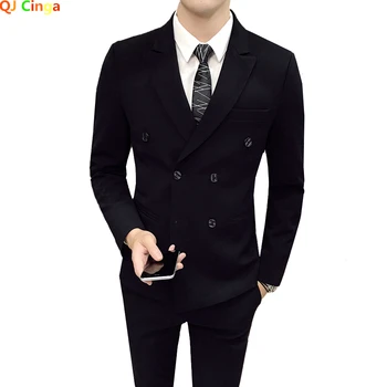 Черен костюм, 2 броя, мъжки бизнес сватбен яке с черни, сиво двубортный мъжки сако и панталони