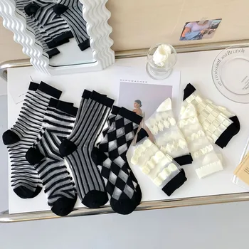 Черни, бели чорапи в японски стил, женски-тънки прозрачни летни копринени чорапи с кристали JK, дишащи разтеглив дълги чорапи