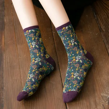 Чорапи Harajuku с флорални принтом, дамски памучни възли дълги чорапи в корейски, японски стил в стил ретро, реколта модни сладки чорапи за момичета