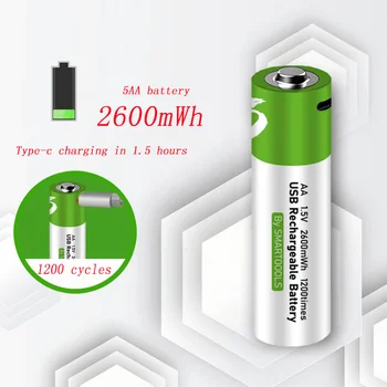 литиева батерия aa от 1,5 2600 МВтч, акумулаторна батерия, която поддържа пряка зареждане на линия TYPE-C pila pilha usb aa bateria 